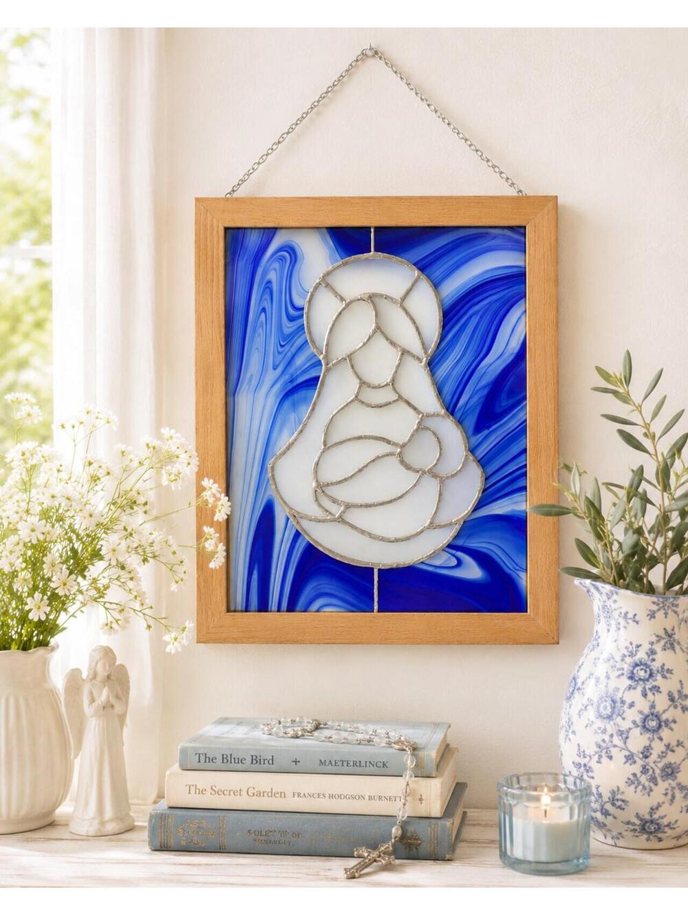 Vintage Stained Glass Madonna Mary and Child Wall Art Blue Wood Framed